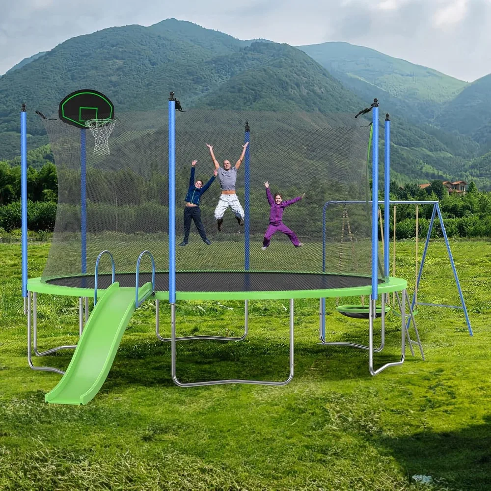 Kids Outdoor Swing Set With Slide - Set Trampolin 12-14FT dengan Perosotan, Ring